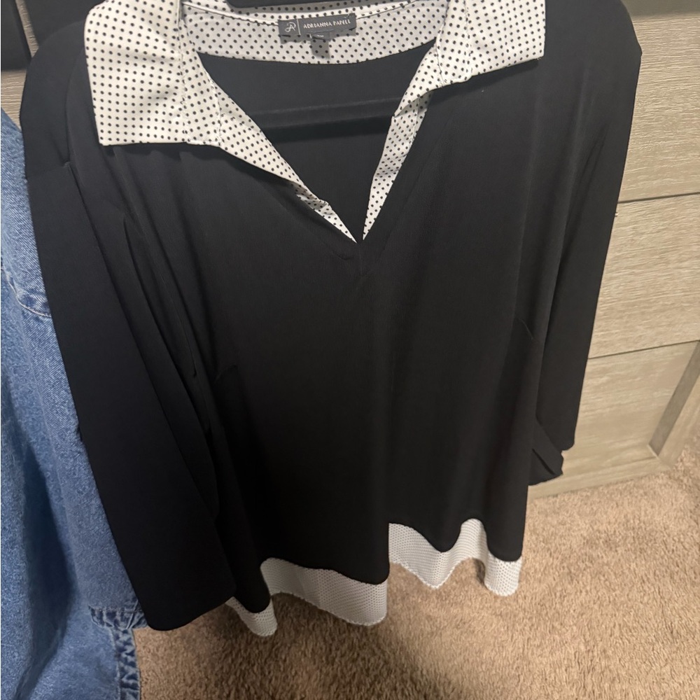 Adrianna Papell Black Blouse with White Polka Dot Accents